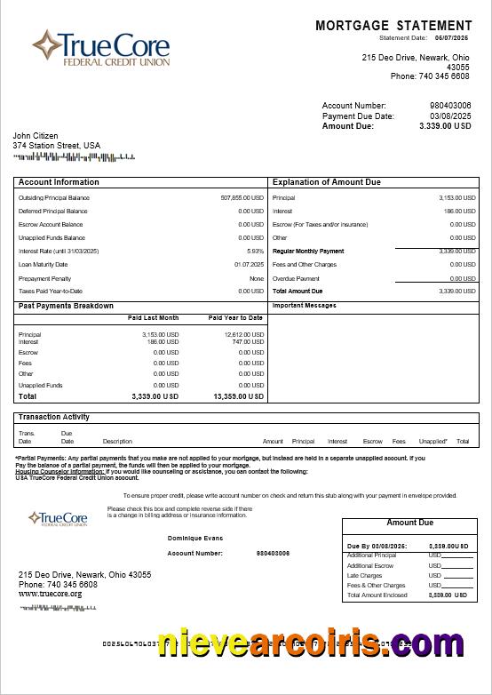 USA TrueCore Federal Credit Union account mortgage statement